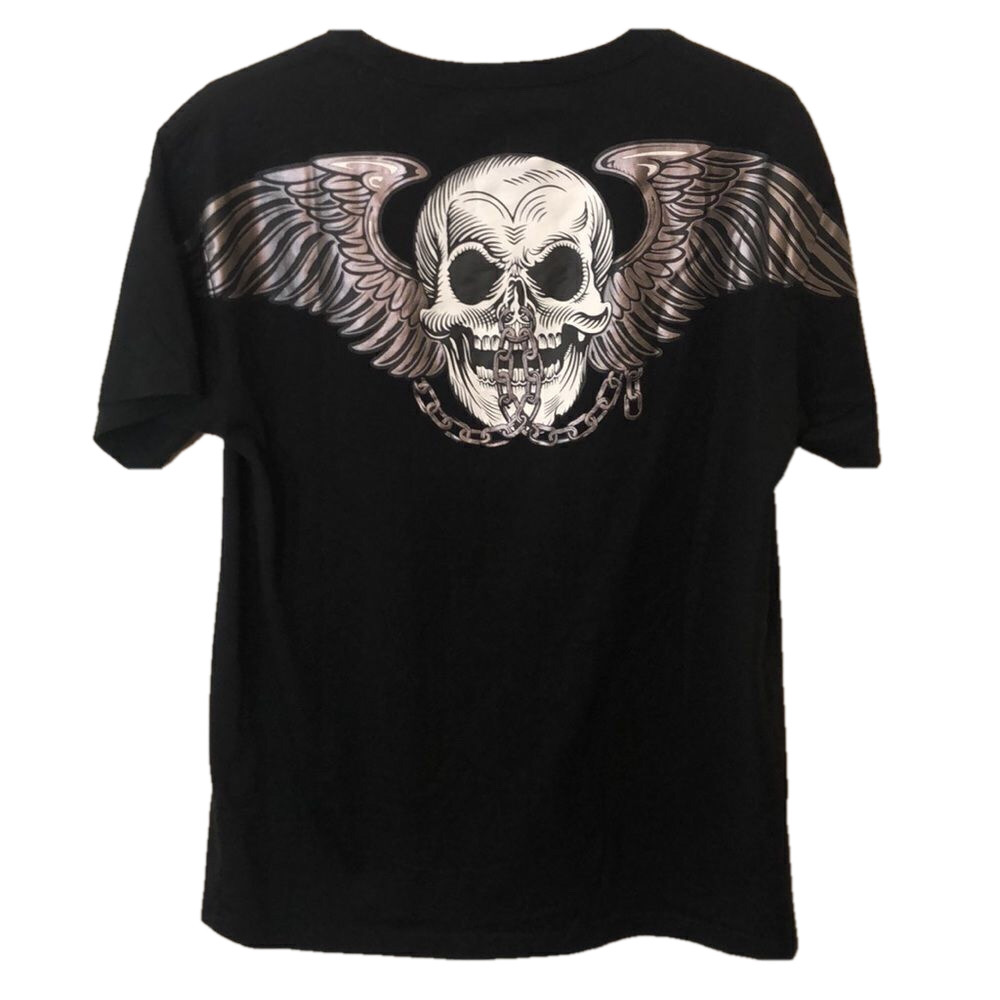 BOY London t shirt, Sz L Black UNISEX SKULL, CHAINS, WINGS on back Like New - Picture 2 of 13